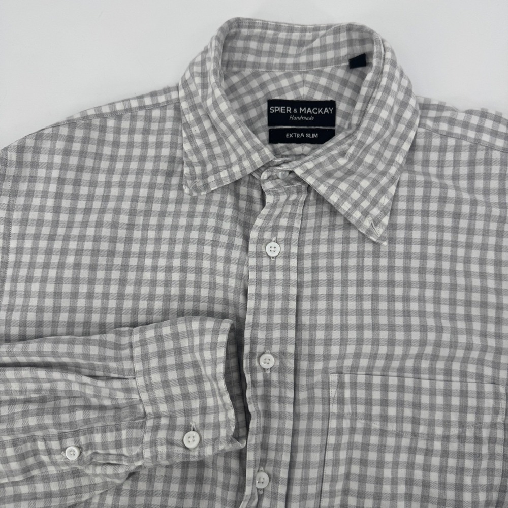 Spier & Mackay Handmade Extra Slim Fit 15.5 34 Gingham Button Down Shirt Gray